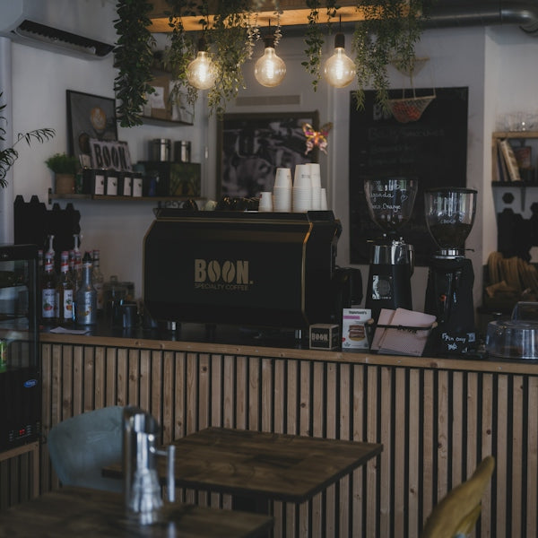 A cozy coffee shop interior with wooden details