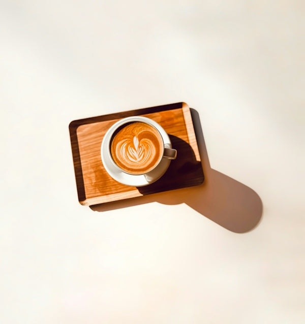 Aesthetic latte art coffee on a wooden tray