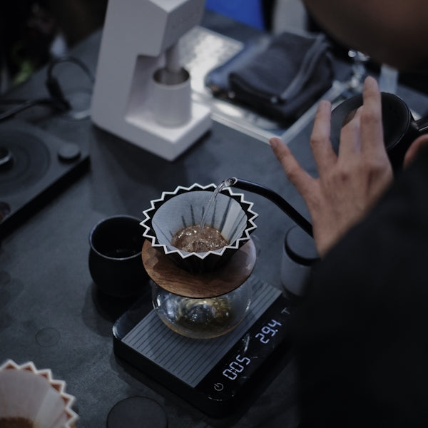 Barista making pour-over coffee with a gooseneck kettle.