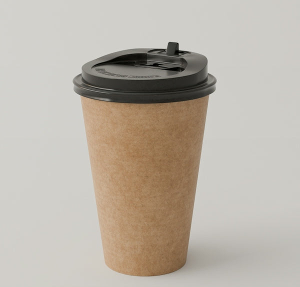 A brown paper coffee cup with a black plastic lid
