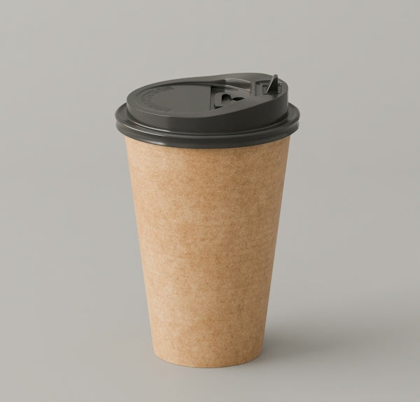 A brown paper coffee cup with a black plastic lid on a grey surface