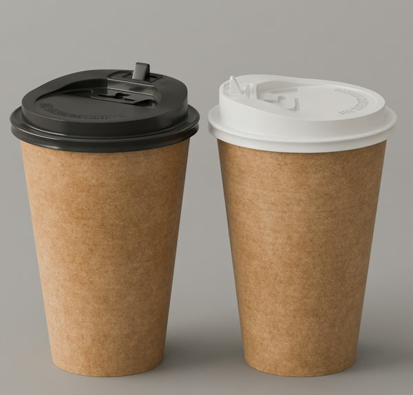 Two brown paper coffee cups with black and white lids on a grey surface