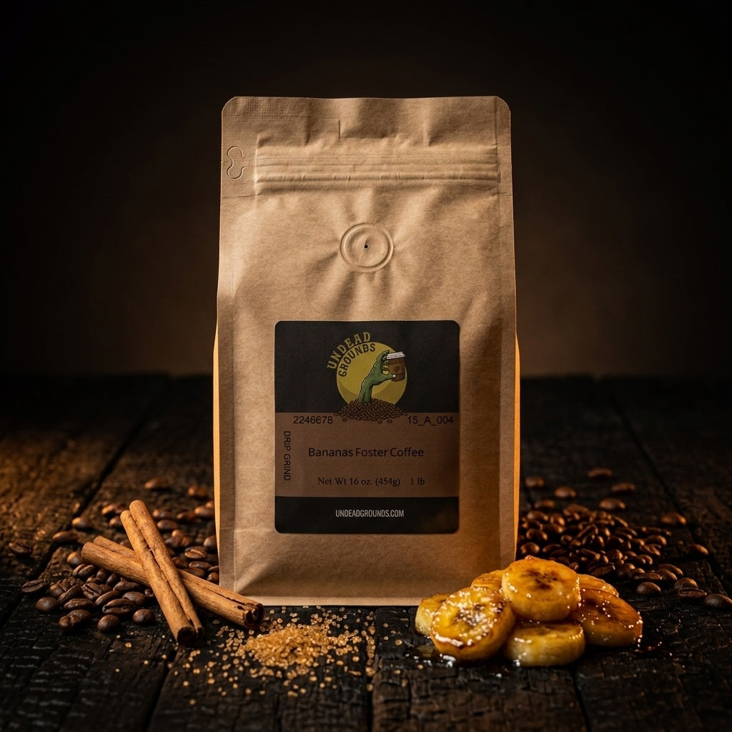 Coffee package with banana flavor on a wooden surface with coffee beans and bananas.