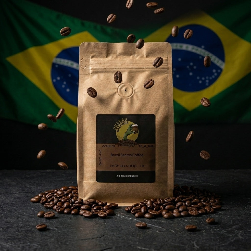 Brown coffee bag with a label on a dark surface with coffee beans, against a Brazilian flag background.