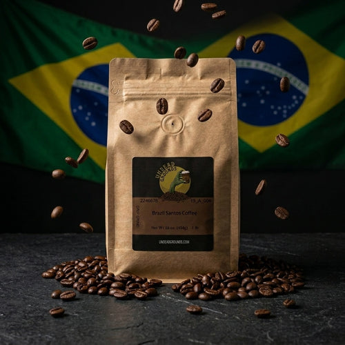 Brown coffee bag with a label on a dark surface with coffee beans, against a Brazilian flag background.