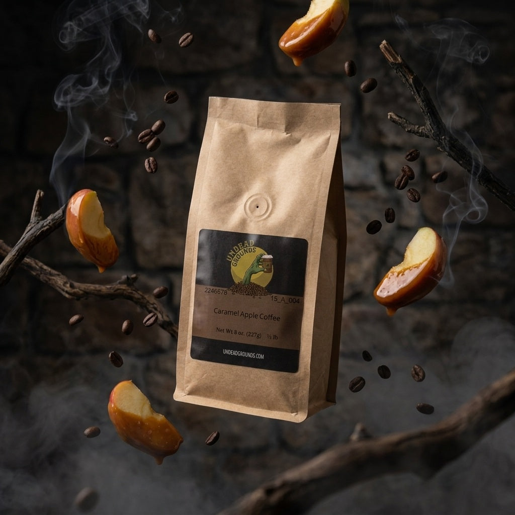 Brown coffee bag with a label on a dark background with coffee beans and apples.