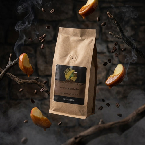 Brown coffee bag with a label on a dark background with coffee beans and apples.