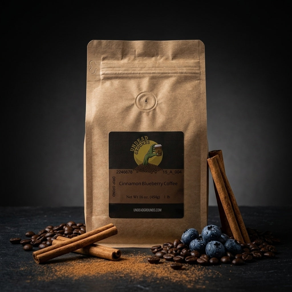 Brown coffee bag with cinnamon, blueberries, and coffee beans on a dark background