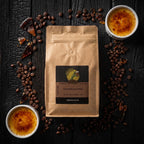 Creme Brulee Flavored Coffee. A coffee bag with ramekins of Creme Brulee. Undead Grounds Coffee
