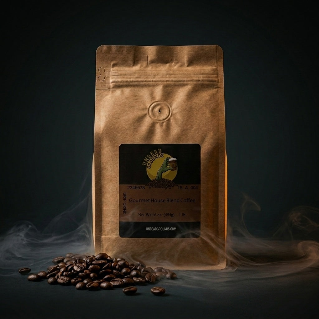 Brown paper coffee bag with a label on a dark background