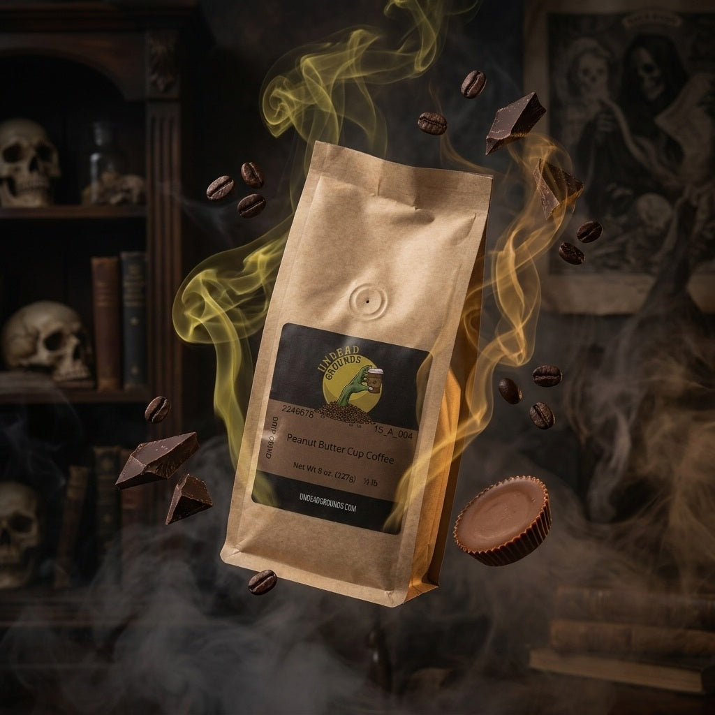 Coffee package with peanut butter cup flavor on a dark background with smoke and coffee beans.