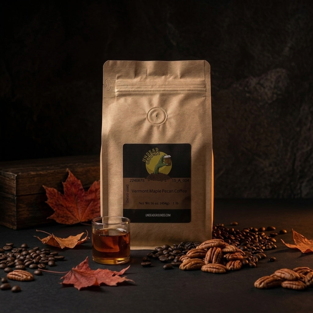Kraft paper coffee bag with a glass of coffee and pecans on a dark background