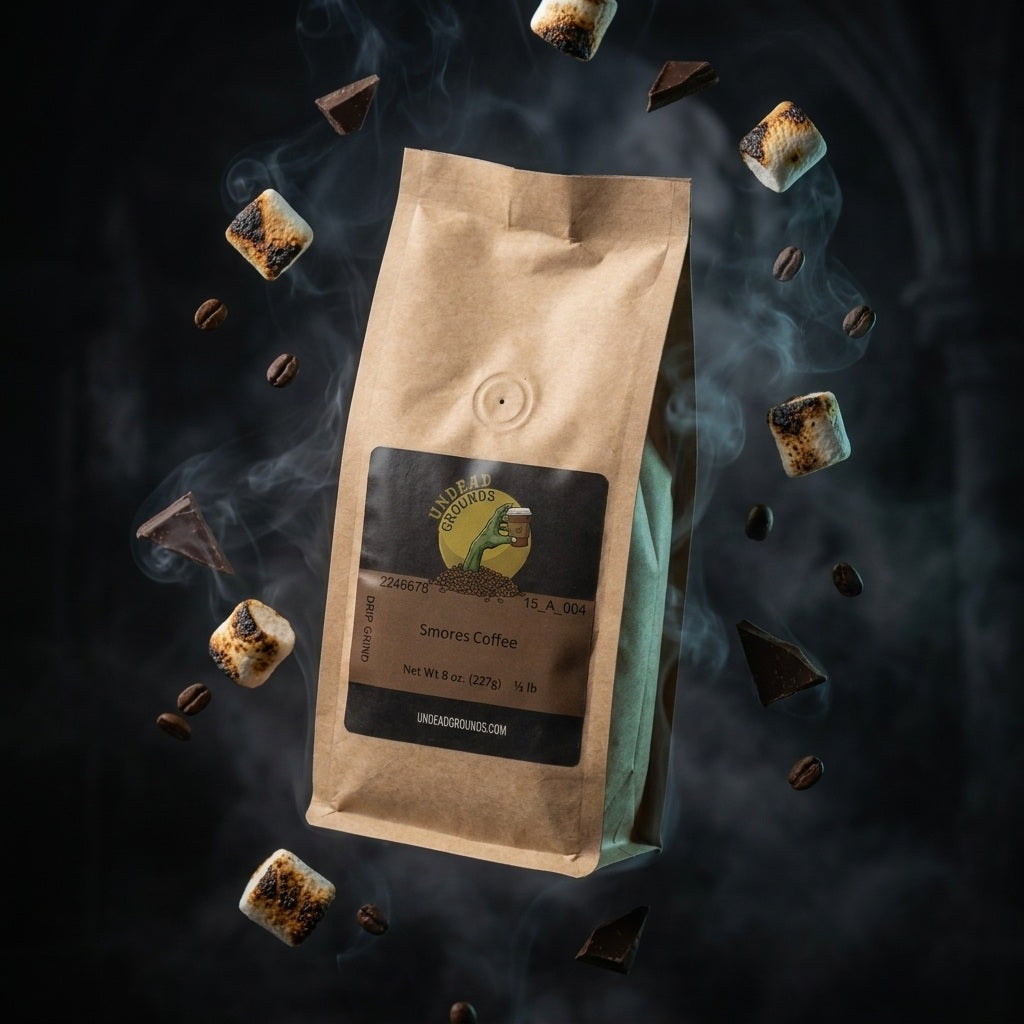 Brown coffee bag with a brand logo on a dark background with floating coffee beans and smoke.